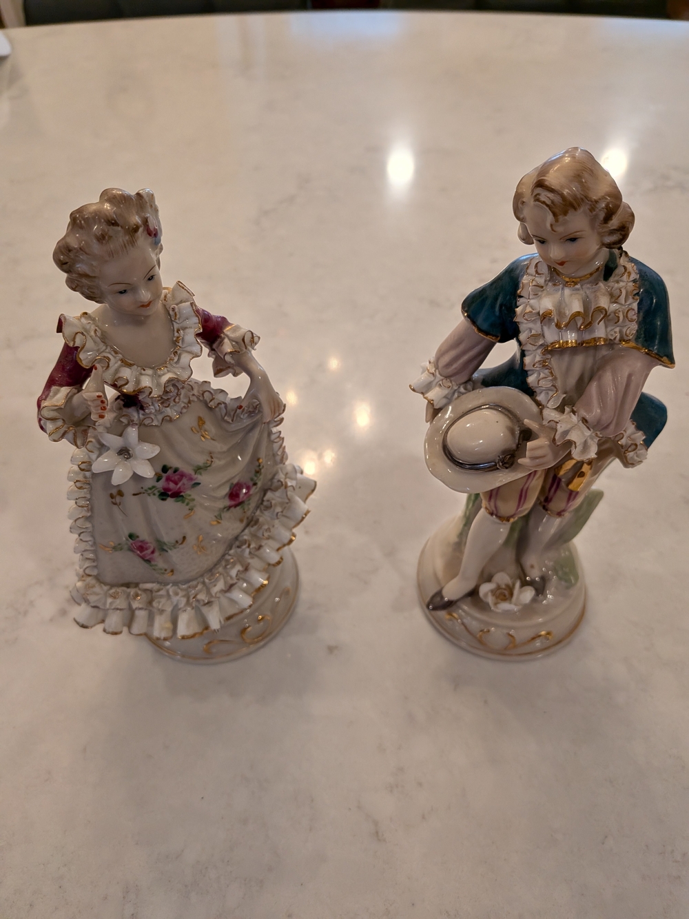 Porcelain Victorian Couple In Ruffled Dress Mid-Century During 1940s-1960 s